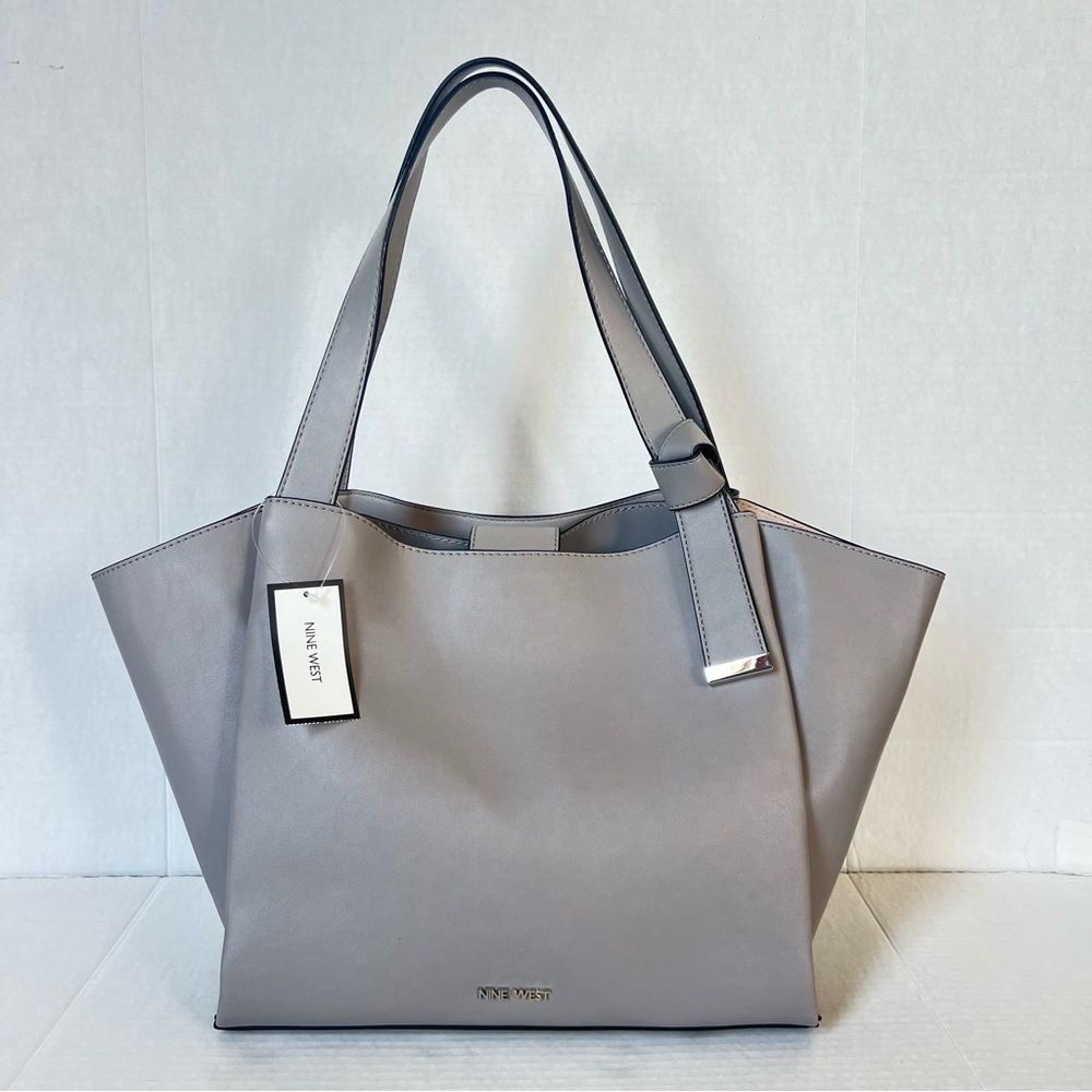 Nine West Vegan Faux Leather Ankita Grey Large Tote Bag Purse